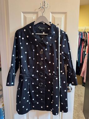 Black Polka Dot Jacket with White Polka Dots, Pockets, Peplum, and 3/4 Sleeves